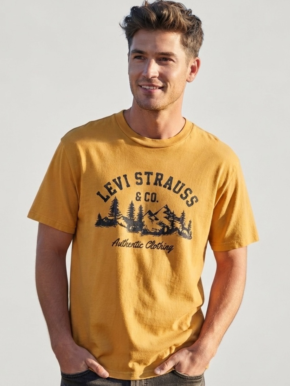 LEVI’S Mountain Landscape Graphic Tee S 22” p2p Warm Yellow NWOT
